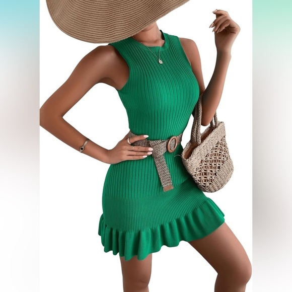 Dresses & Skirts - Sleeveless Sweater Dress Crochet Ribbed Knit Ruffle Hem Bodycon
8033